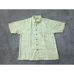 Tommy Bahama Shirt Mens Large Yellow Beige Tropical Leaf Camp Hawaiian Button Up